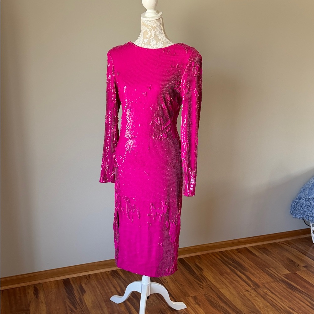 Fuchsia Sequin Long Sleeve Dress w/slit sz L